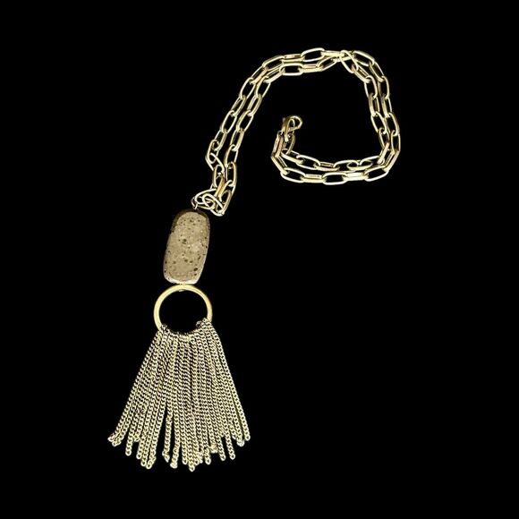 Boho Gold Tone Fringe Tassel Pendant Necklace‎ Oval Speckled Stone Western Artsy - Picture 1 of 10